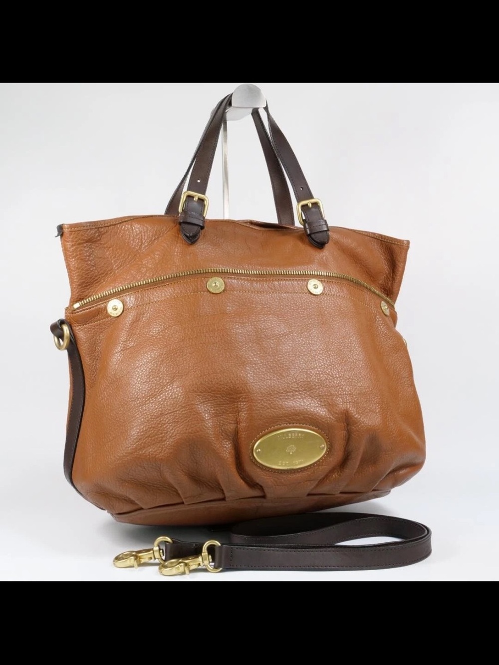 Mulberry Tan Leather Tote with Dark Brown Straps and Gold Hardware